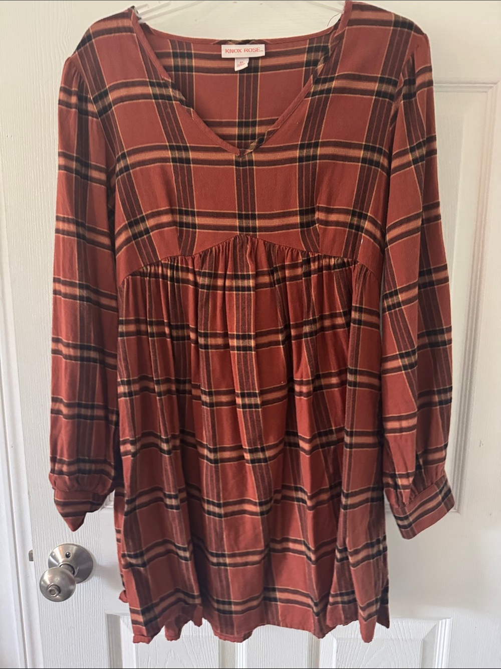 Knox Rose Rust Plaid Long Sleeve Babydoll Dress